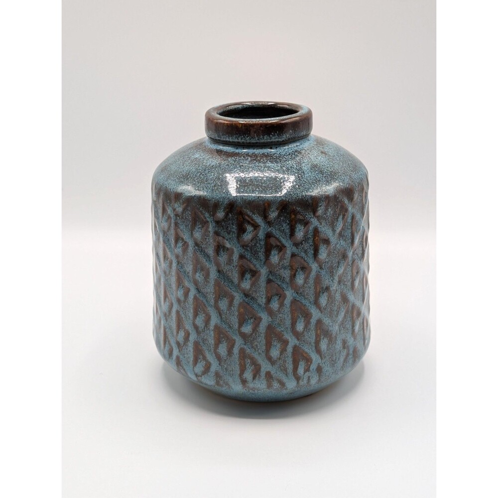 West Elm Vase Ceramic Teal Brown Glazed Textured Pattern Porcelain Pottery
